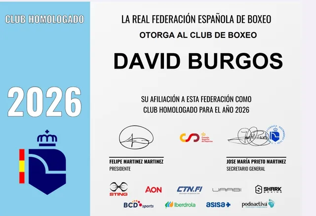 Certificado de la Real Federación Española de Boxeo que acredita al Club de Boxeo David Burgos como club homologado en 2026