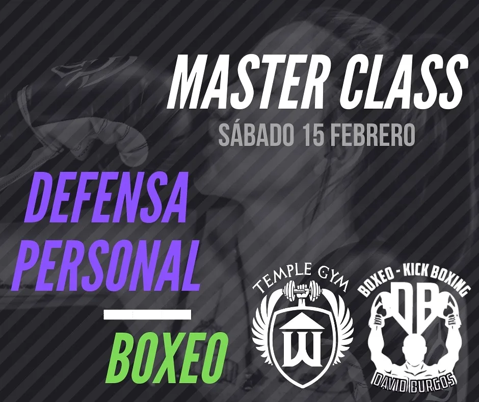 Cartel de la master class de defensa personal y boxeo del sábado 15 de febrero, con los logos de Temple Gym y del Club de Boxeo David Burgos