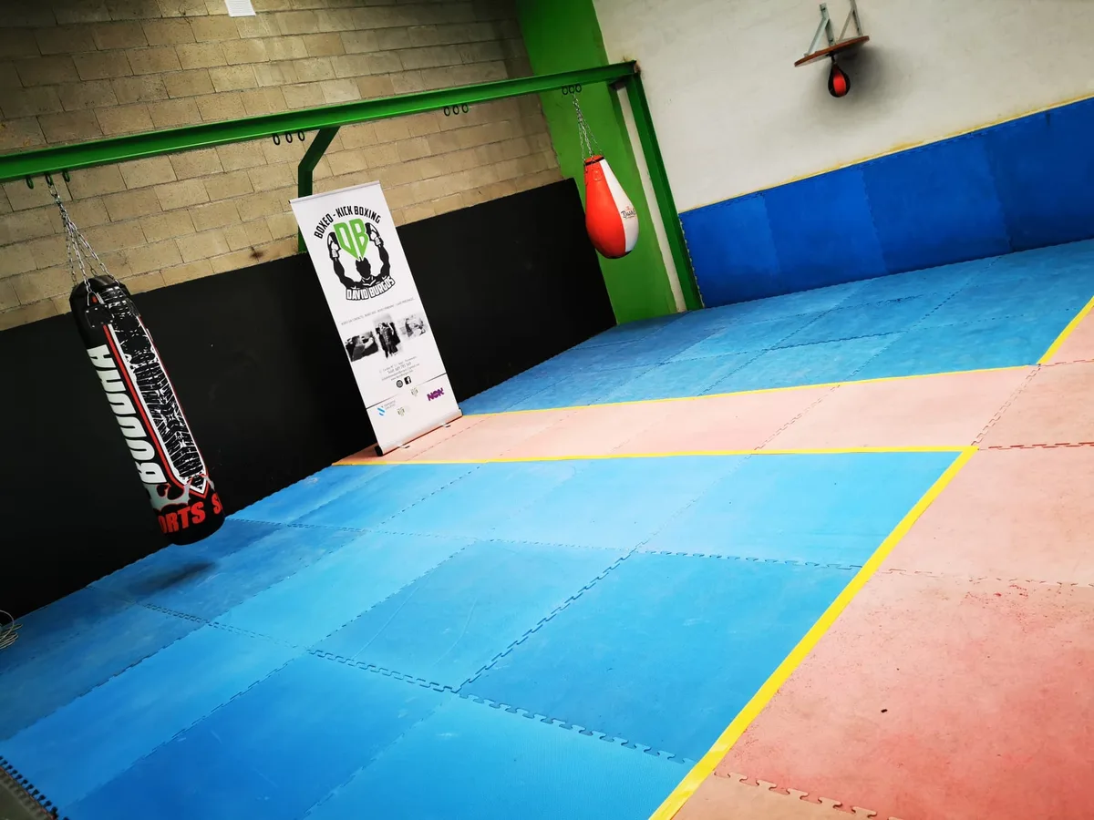Zona de tatami azul del box con dos sacos colgados y el roll-up del Club de Boxeo David Burgos